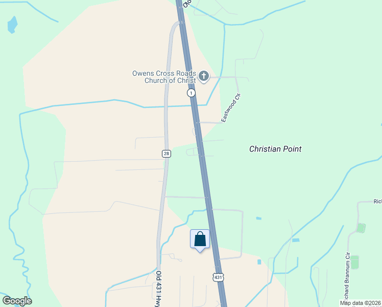 map of restaurants, bars, coffee shops, grocery stores, and more near 8290 U.S. 431 in Owens Cross Roads