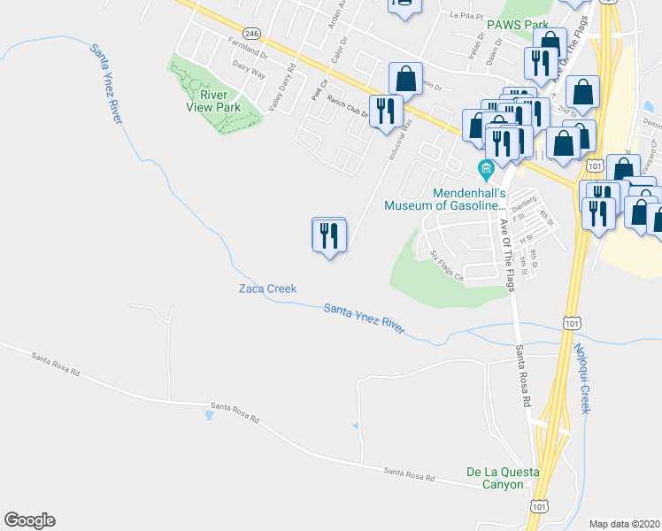 map of restaurants, bars, coffee shops, grocery stores, and more near 35 Industrial Way in Buellton