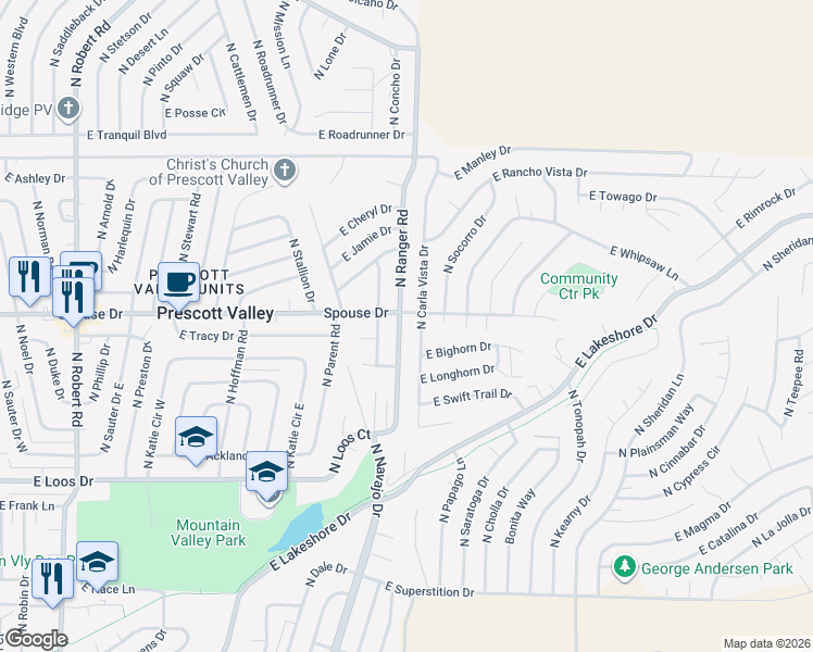 map of restaurants, bars, coffee shops, grocery stores, and more near 4594 North Ranger Road in Prescott Valley