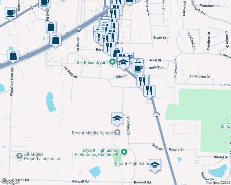 map of restaurants, bars, coffee shops, grocery stores, and more near 407 Prickett Road in Bryant