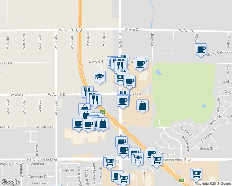 map of restaurants, bars, coffee shops, grocery stores, and more near 523 West Avenue O 8 in Palmdale