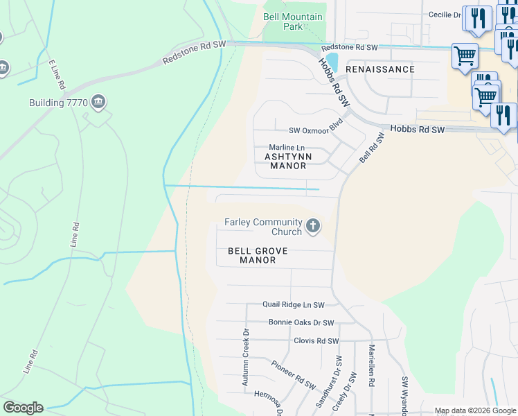 map of restaurants, bars, coffee shops, grocery stores, and more near 2635 Ashtynn Place Southwest in Huntsville