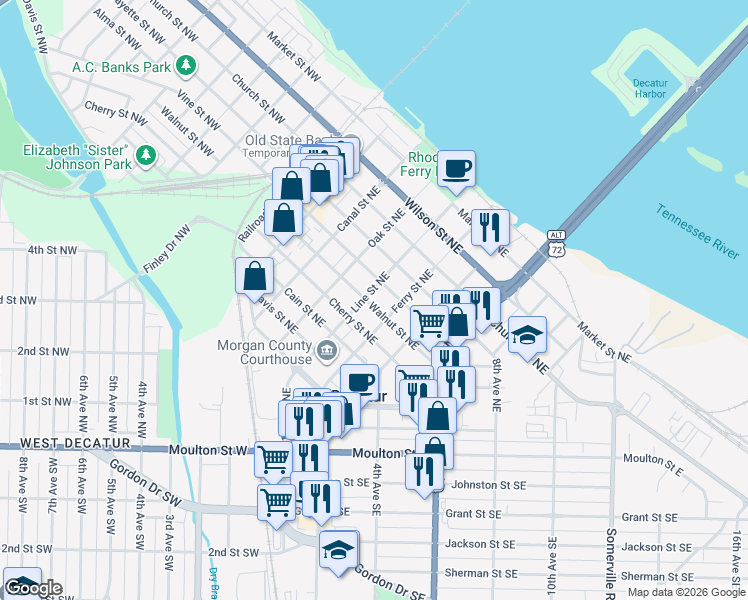 map of restaurants, bars, coffee shops, grocery stores, and more near 315 Vine Street Northeast in Decatur