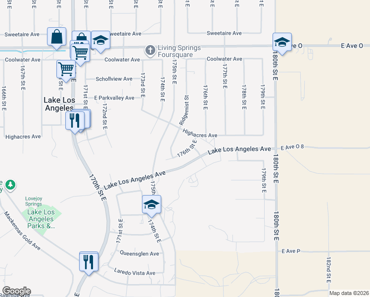 map of restaurants, bars, coffee shops, grocery stores, and more near 40037 176th Street East in Palmdale