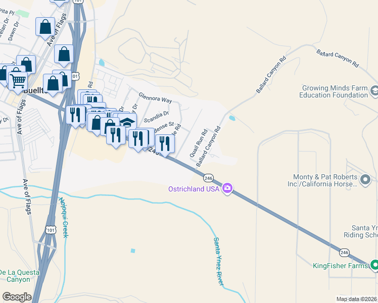 map of restaurants, bars, coffee shops, grocery stores, and more near 404 Thumbelina Drive in Buellton
