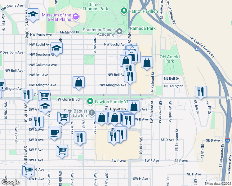 map of restaurants, bars, coffee shops, grocery stores, and more near 2 Northwest 3rd Street in Lawton