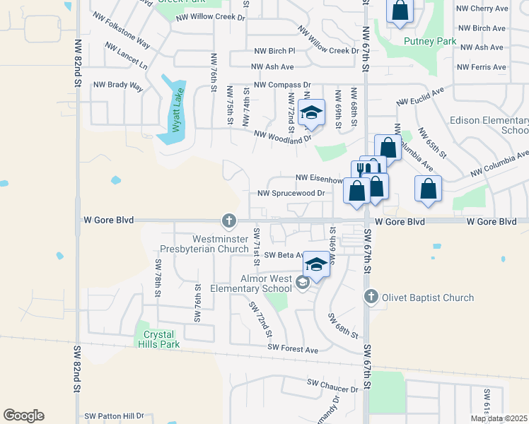 map of restaurants, bars, coffee shops, grocery stores, and more near 6941 West Gore Boulevard in Lawton