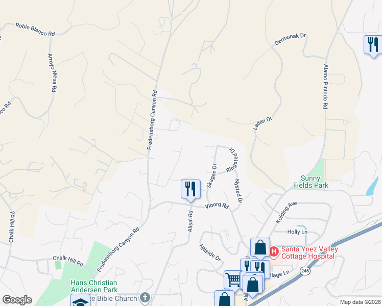 map of restaurants, bars, coffee shops, grocery stores, and more near 970 College Canyon Road in Solvang