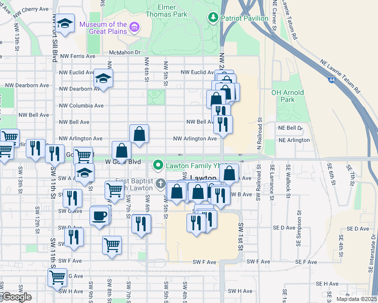 map of restaurants, bars, coffee shops, grocery stores, and more near 313 West Gore Boulevard in Lawton
