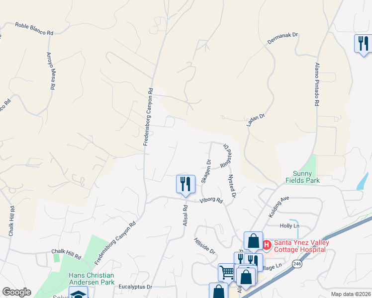 map of restaurants, bars, coffee shops, grocery stores, and more near 970 College Canyon Road in Solvang