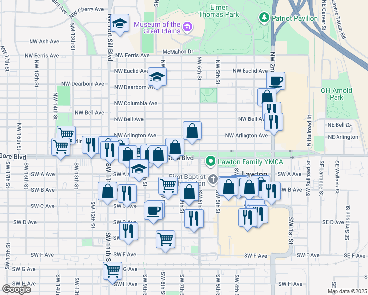 map of restaurants, bars, coffee shops, grocery stores, and more near 701 West Gore Boulevard in Lawton