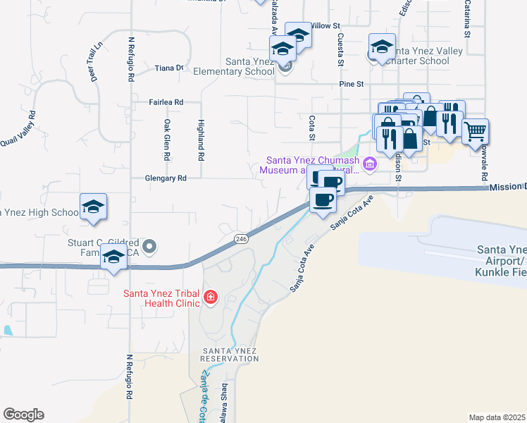 map of restaurants, bars, coffee shops, grocery stores, and more near 3281 Old Highway 246 in Santa Ynez
