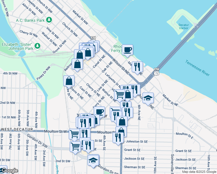 map of restaurants, bars, coffee shops, grocery stores, and more near 315 Vine Street Northeast in Decatur