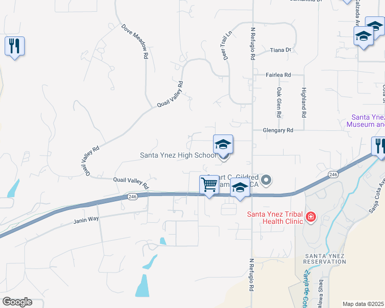 map of restaurants, bars, coffee shops, grocery stores, and more near 965 Stadium Place in Solvang