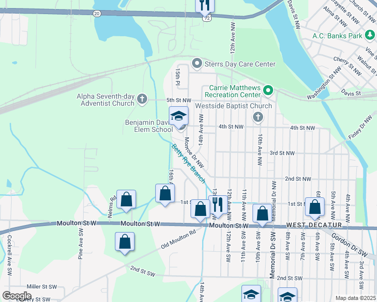 map of restaurants, bars, coffee shops, grocery stores, and more near 417 Monroe Drive Northwest in Decatur