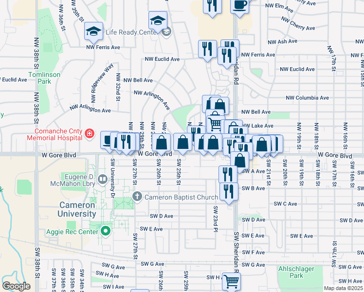 map of restaurants, bars, coffee shops, grocery stores, and more near 6 NW 25th St in Lawton