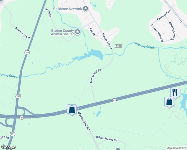 map of restaurants, bars, coffee shops, grocery stores, and more near Mercer Mill Brown Marsh Road in Elizabethtown