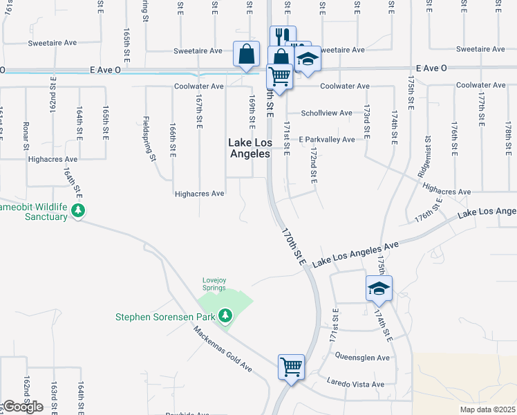 map of restaurants, bars, coffee shops, grocery stores, and more near 39000 170th Street East in Lake Los Angeles