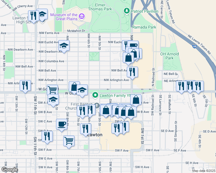 map of restaurants, bars, coffee shops, grocery stores, and more near 401 West Gore Boulevard in Lawton