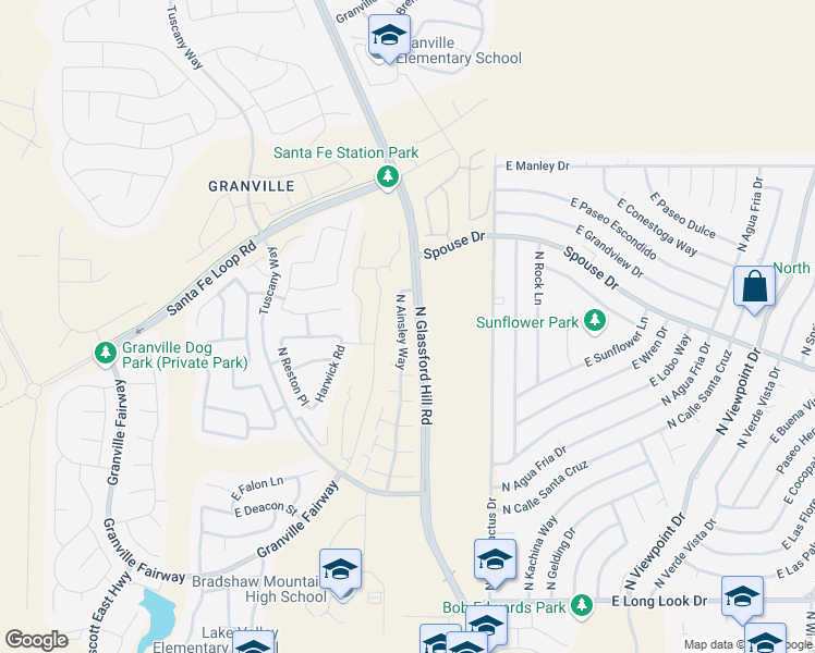map of restaurants, bars, coffee shops, grocery stores, and more near 4621 North Ainsley Way in Prescott Valley