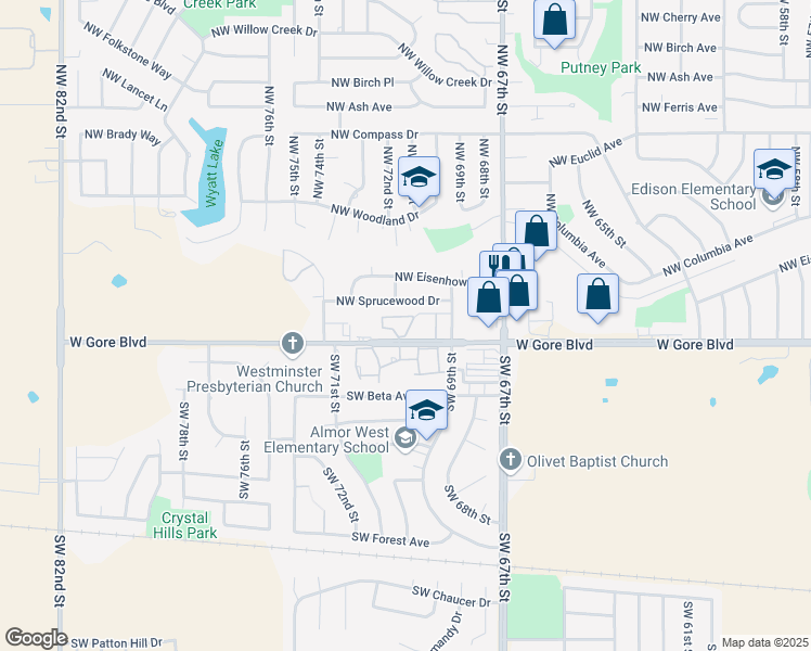 map of restaurants, bars, coffee shops, grocery stores, and more near 6921 West Gore Boulevard in Lawton
