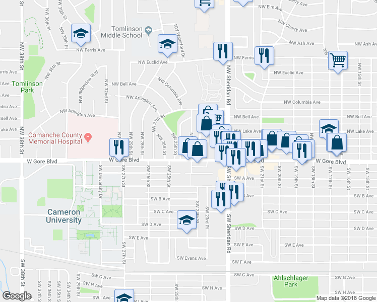 map of restaurants, bars, coffee shops, grocery stores, and more near 16 Northwest 24th Street in Lawton