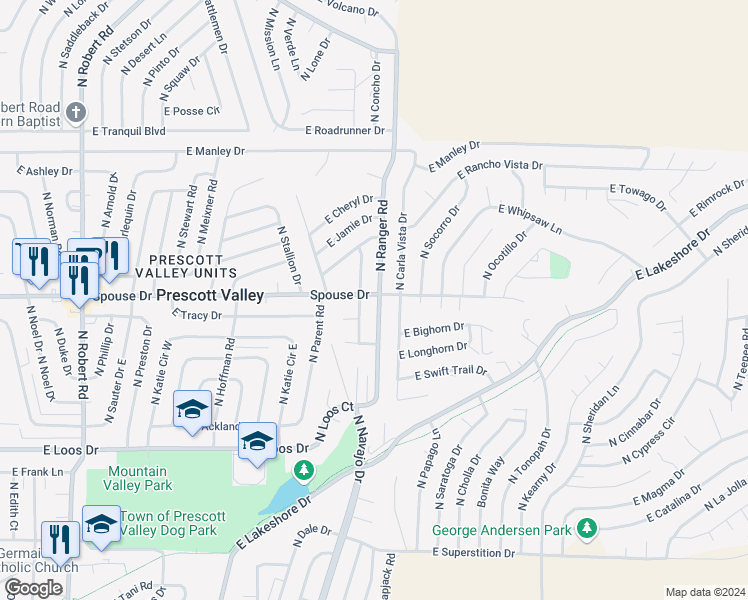 map of restaurants, bars, coffee shops, grocery stores, and more near 4594 North Ranger Road in Prescott Valley
