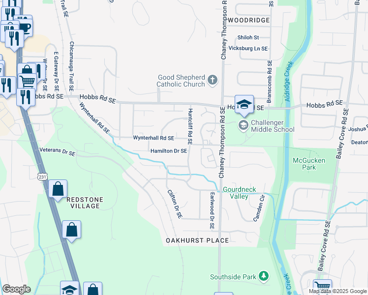 map of restaurants, bars, coffee shops, grocery stores, and more near 2525 Hamilton Drive Southeast in Huntsville