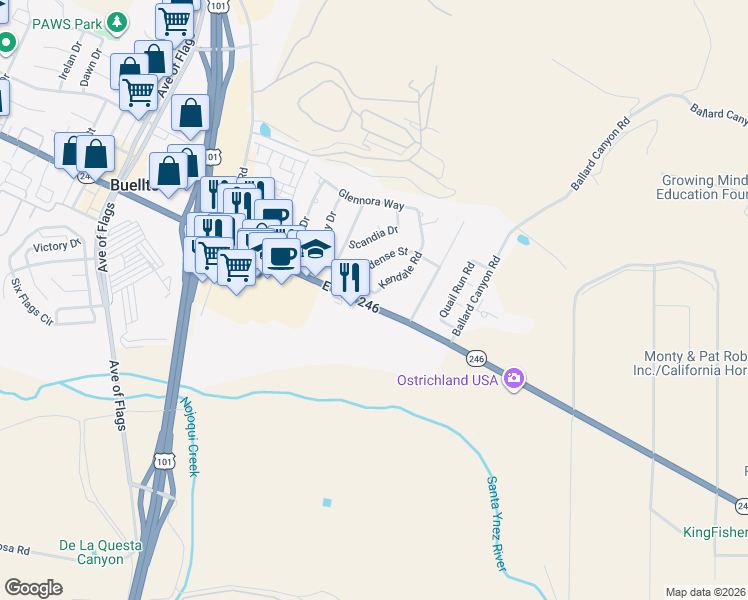 map of restaurants, bars, coffee shops, grocery stores, and more near 344 Kendale Road in Buellton