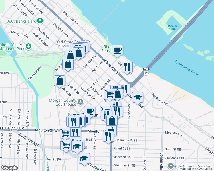 map of restaurants, bars, coffee shops, grocery stores, and more near 409 Lafayette Street Northeast in Decatur