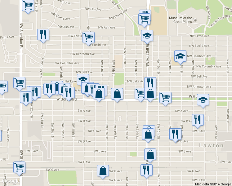 map of restaurants, bars, coffee shops, grocery stores, and more near 1314 Northwest Arlington Avenue in Lawton