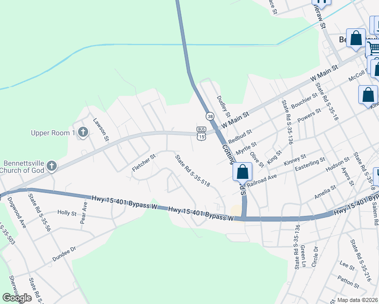 map of restaurants, bars, coffee shops, grocery stores, and more near 106 Patterson Street in Bennettsville
