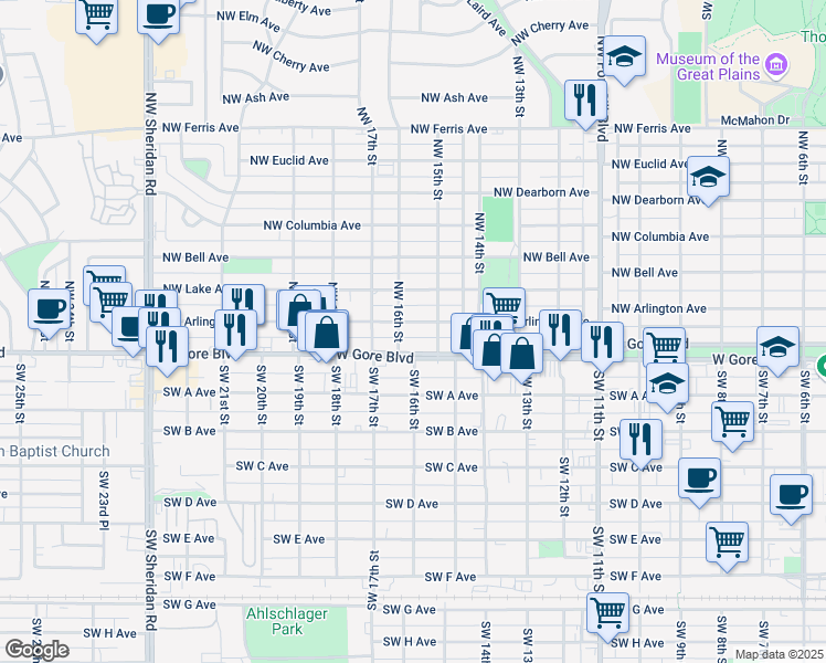 map of restaurants, bars, coffee shops, grocery stores, and more near 1512 Northwest Arlington Avenue in Lawton