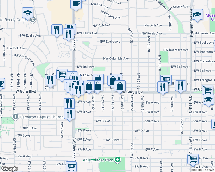 map of restaurants, bars, coffee shops, grocery stores, and more near 1906 Northwest Arlington Avenue in Lawton