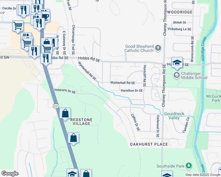 map of restaurants, bars, coffee shops, grocery stores, and more near 2443 Hamilton Drive Southeast in Huntsville