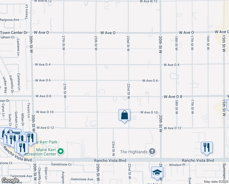map of restaurants, bars, coffee shops, grocery stores, and more near 2259 West Avenue O 8 in Palmdale