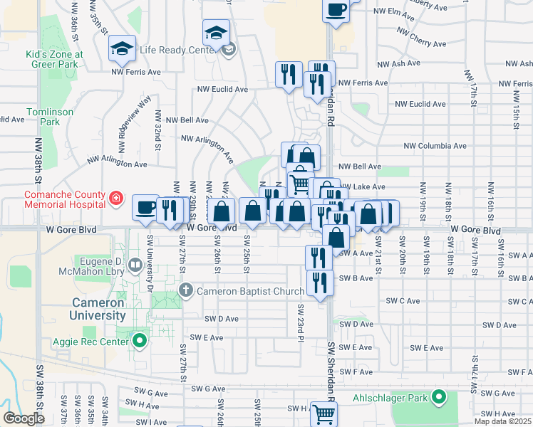 map of restaurants, bars, coffee shops, grocery stores, and more near 16 Northwest 24th Street in Lawton