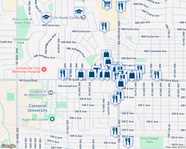map of restaurants, bars, coffee shops, grocery stores, and more near 6 Northwest 25th Street in Lawton