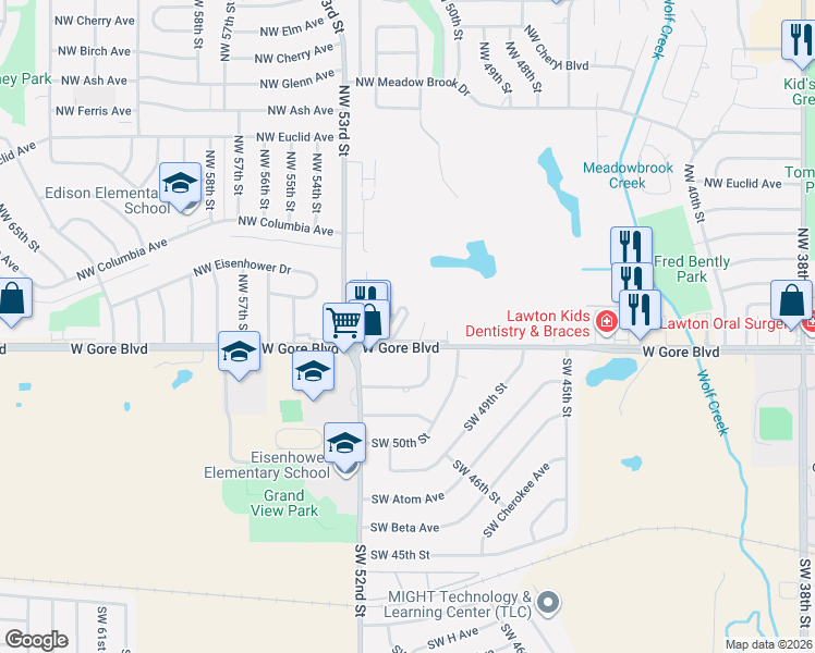 map of restaurants, bars, coffee shops, grocery stores, and more near 5123 West Gore Boulevard in Lawton