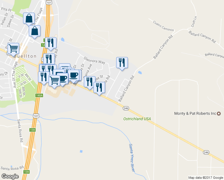 map of restaurants, bars, coffee shops, grocery stores, and more near 404 Thumbelina Drive in Buellton