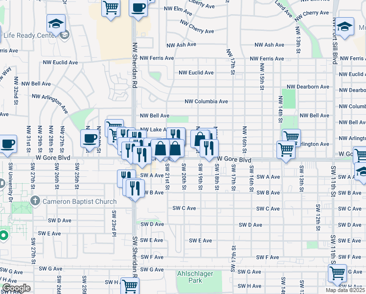 map of restaurants, bars, coffee shops, grocery stores, and more near 1914 Northwest Arlington Avenue in Lawton