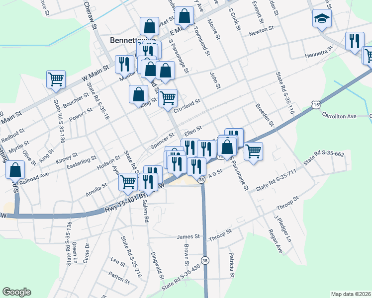 map of restaurants, bars, coffee shops, grocery stores, and more near 565-581 Broad St in Bennettsville