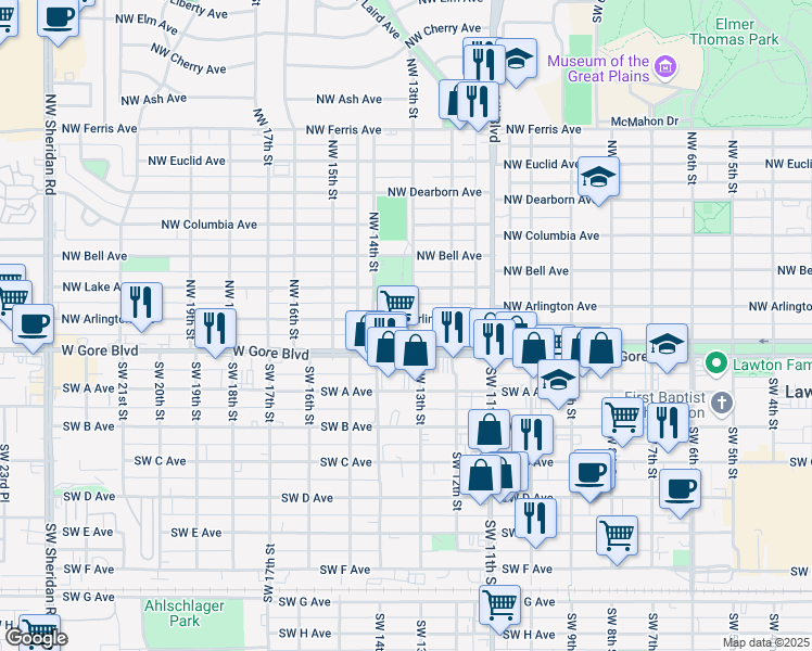 map of restaurants, bars, coffee shops, grocery stores, and more near 1214 Northwest Arlington Avenue in Lawton
