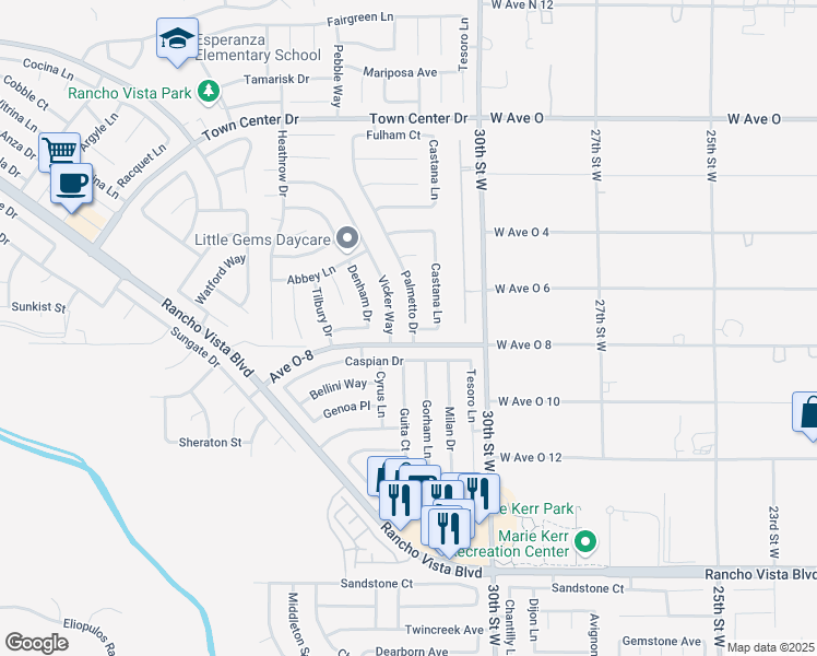 map of restaurants, bars, coffee shops, grocery stores, and more near 40015 Palmetto Drive in Palmdale
