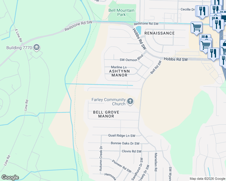 map of restaurants, bars, coffee shops, grocery stores, and more near 2635 Ashtynn Place Southwest in Huntsville