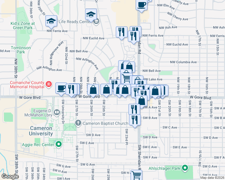map of restaurants, bars, coffee shops, grocery stores, and more near 16 Northwest 24th Street in Lawton