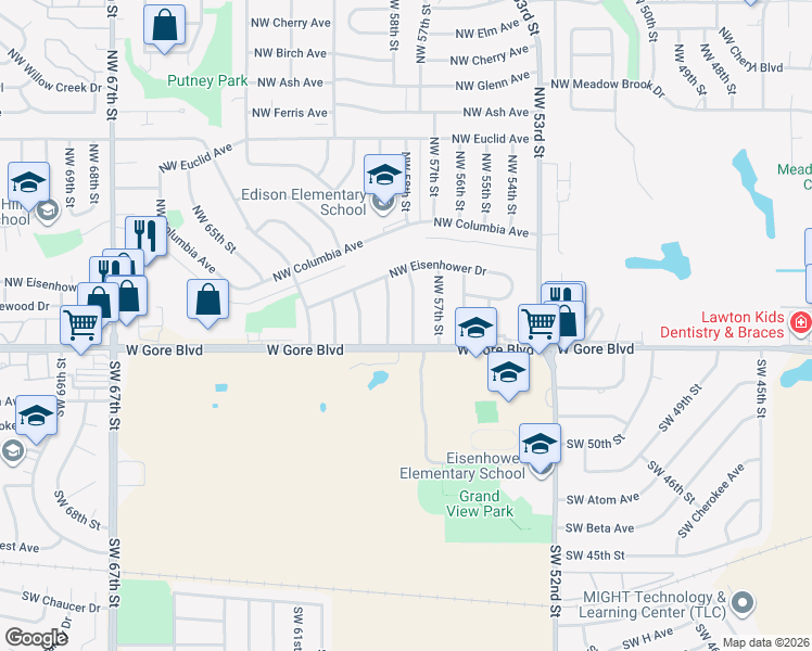 map of restaurants, bars, coffee shops, grocery stores, and more near 6 Northwest 58th Street in Lawton