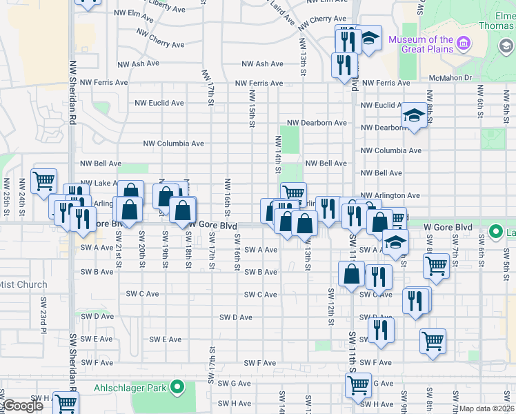 map of restaurants, bars, coffee shops, grocery stores, and more near 1412 Northwest Arlington Avenue in Lawton