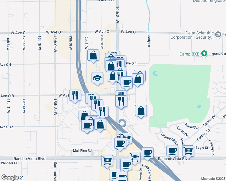map of restaurants, bars, coffee shops, grocery stores, and more near 40005 10th Street West in Palmdale