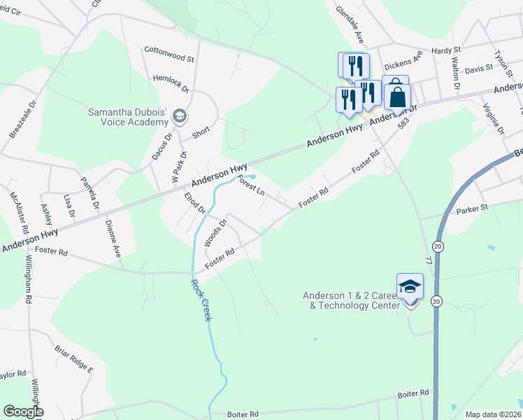 map of restaurants, bars, coffee shops, grocery stores, and more near 105 Wade Road in Williamston